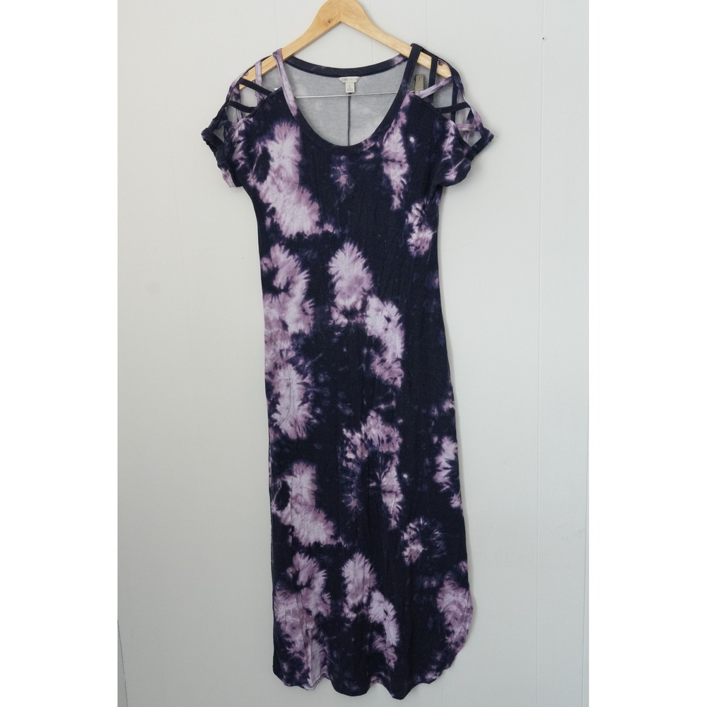 Cato Maxi Dress Women Small Purple Tie Dye Cold‎ Shoulder Lattice Sleeve Pockets